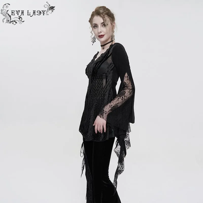 Damen Gothic Flared Sleeved Lace Splice Perlenhemd