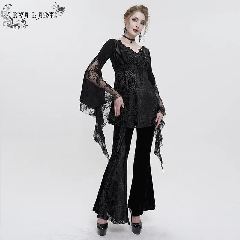 Damen Gothic Flared Sleeved Lace Splice Perlenhemd