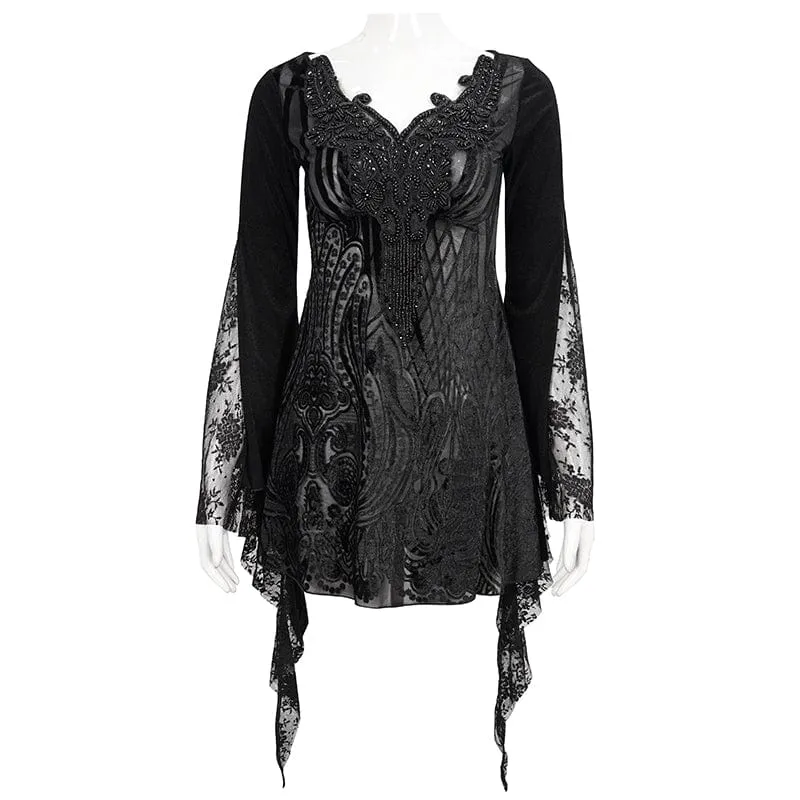 Damen Gothic Flared Sleeved Lace Splice Perlenhemd