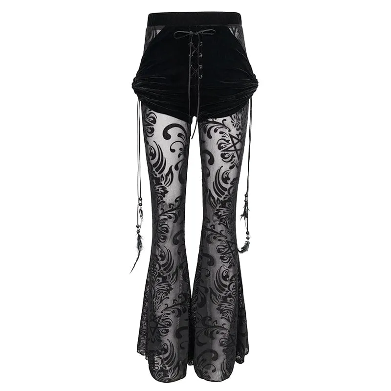 Damen Gothic Drawstring Mesh Splice Schlaghose