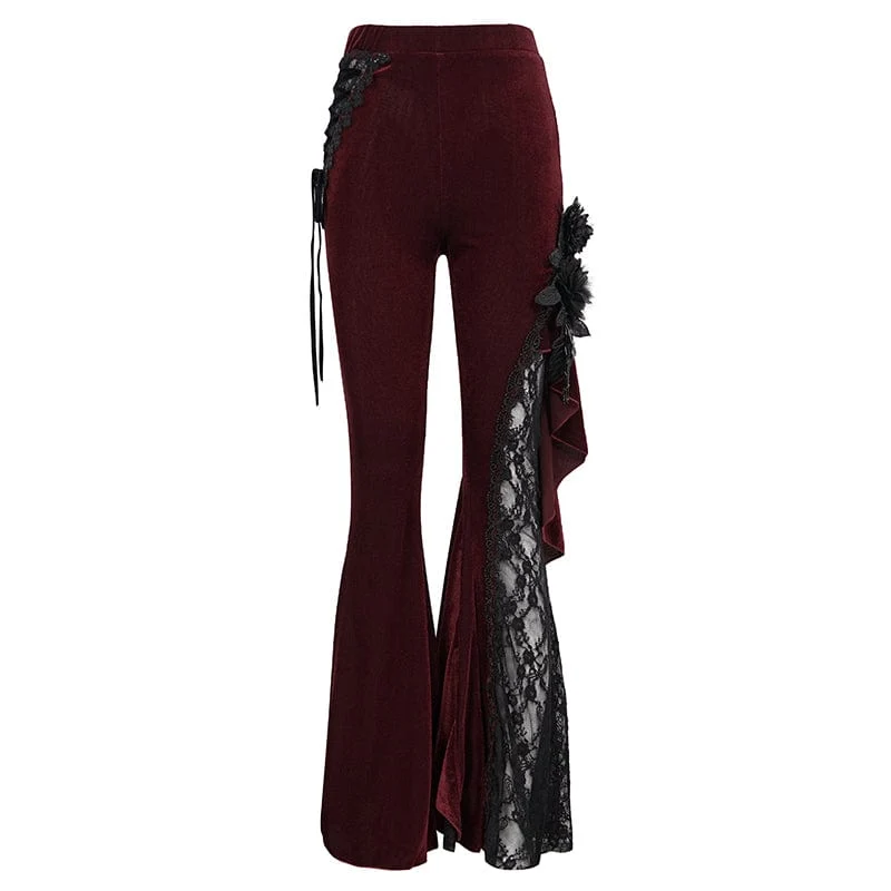 Damen Gothic Riemchen Spitze Splice Schlaghose Rot