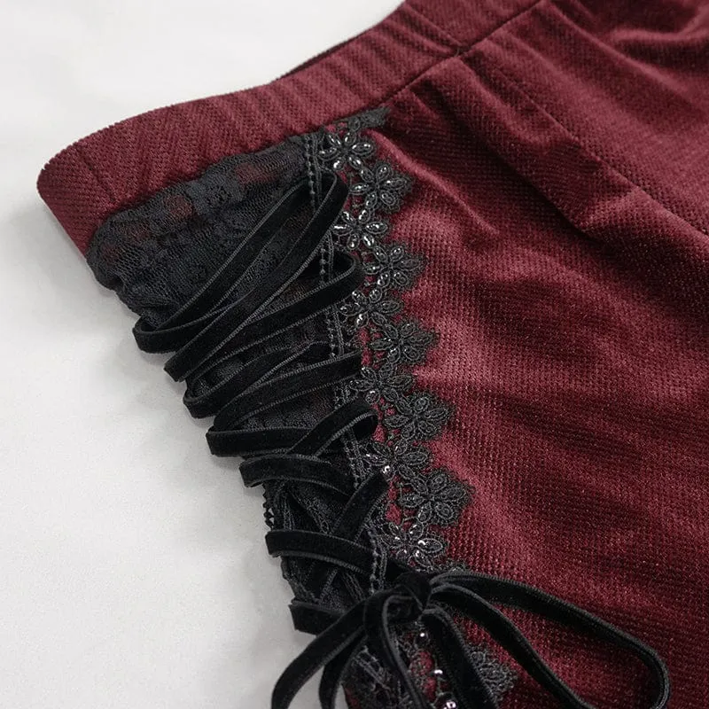 Damen Gothic Riemchen Spitze Splice Schlaghose Rot