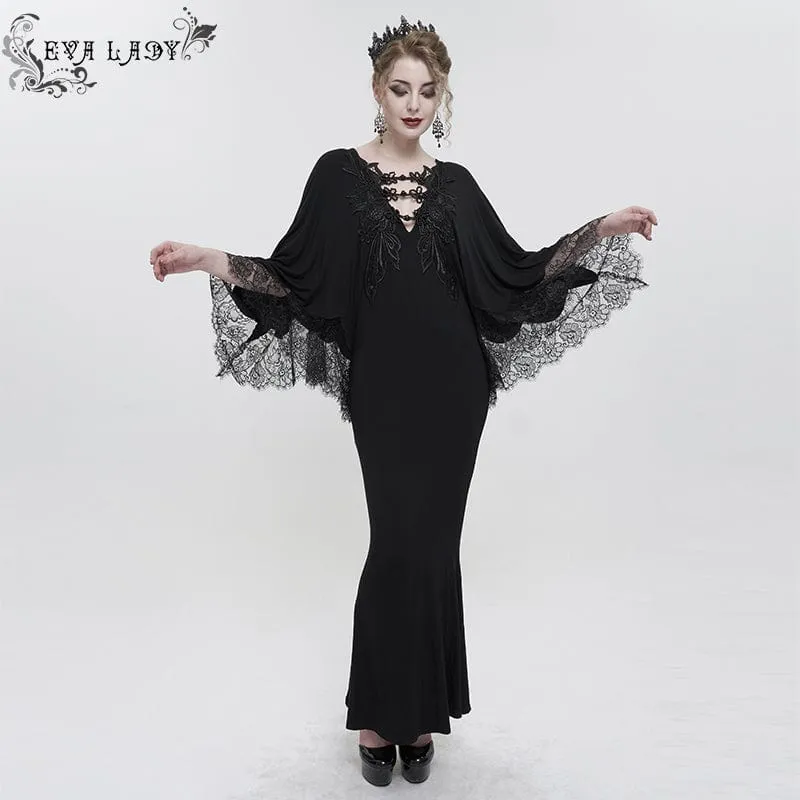 Gothic-Spitzenkleid mit Blumenstickerei und tiefem Ausschnitt für Damen