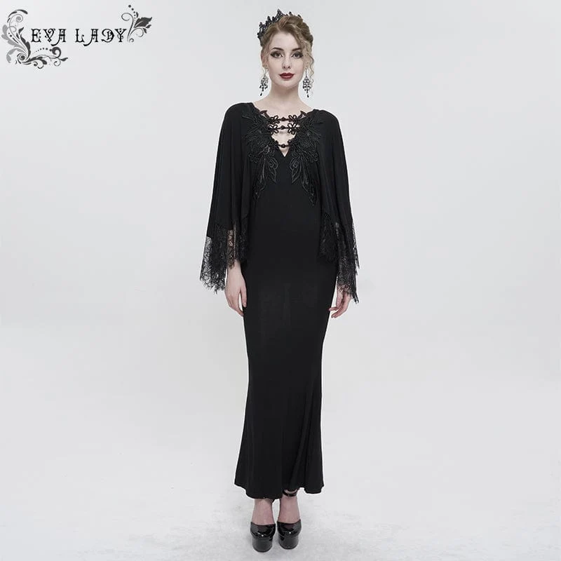 Gothic-Spitzenkleid mit Blumenstickerei und tiefem Ausschnitt für Damen