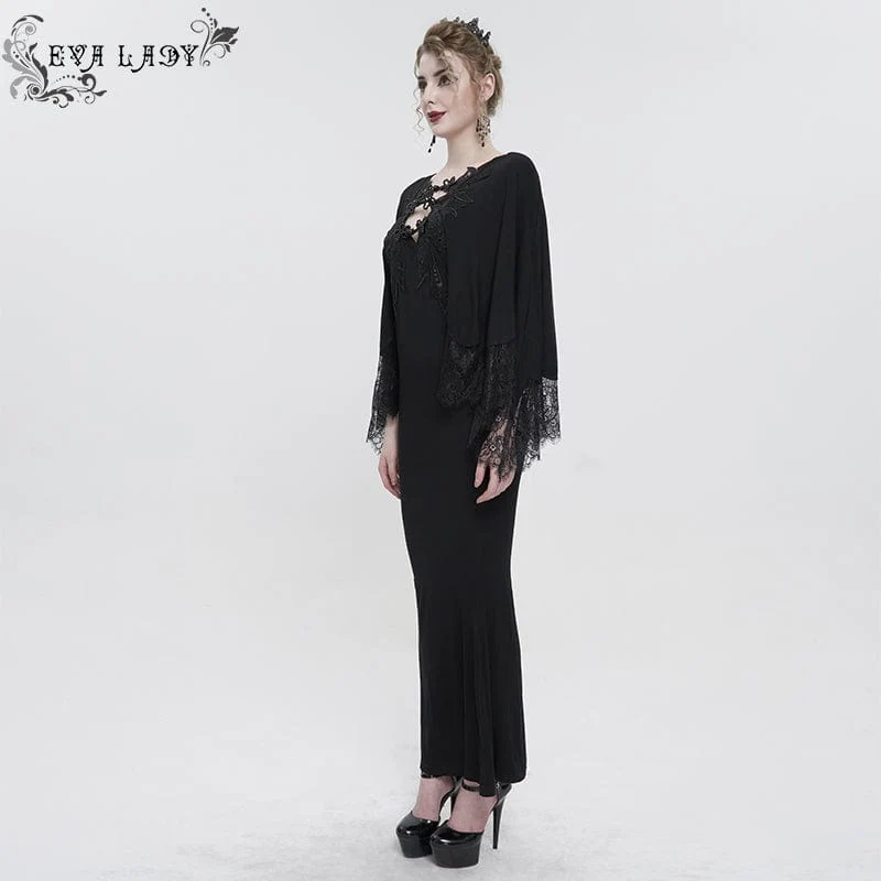 Gothic-Spitzenkleid mit Blumenstickerei und tiefem Ausschnitt für Damen