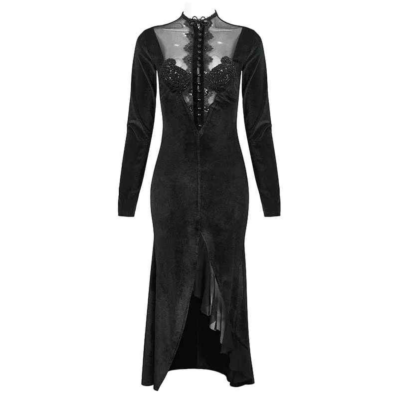 Gothic-Mesh-Splice-Perlen-Split-Kleid für Damen