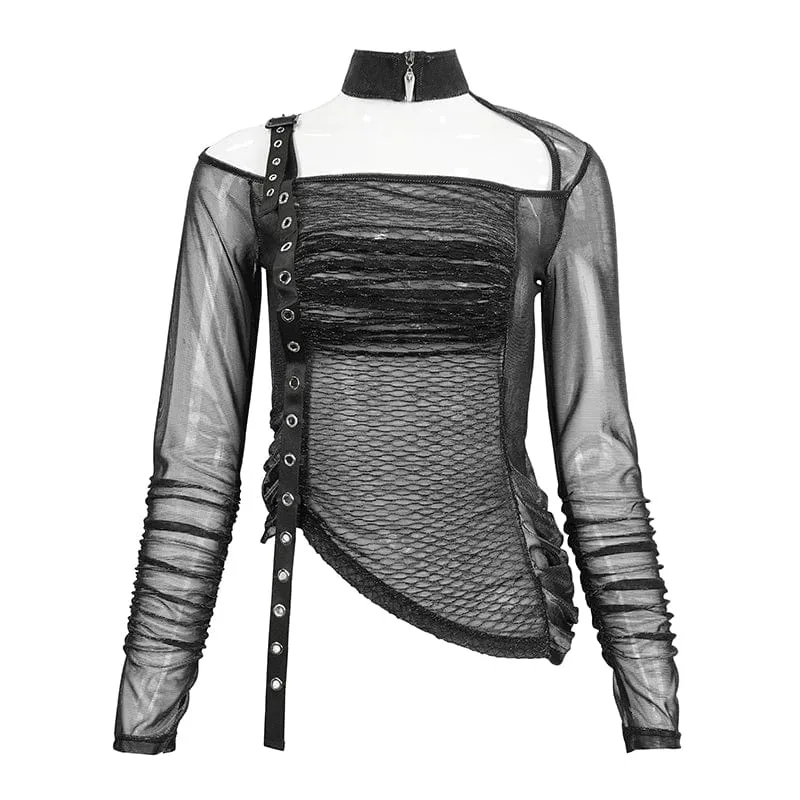 Durchsichtiges Damen-Punk-Stehkragen-Slash-Shoulder-Shirt