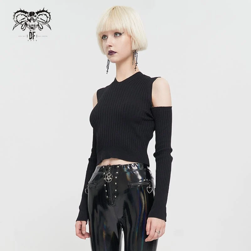 Damen Punk Off Shoulder Cutout Gestricktes Langärmliges Crop Top
