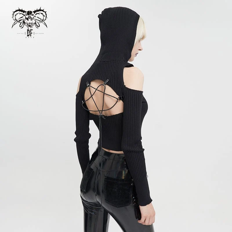 Damen Punk Off Shoulder Cutout Gestricktes Langärmliges Crop Top