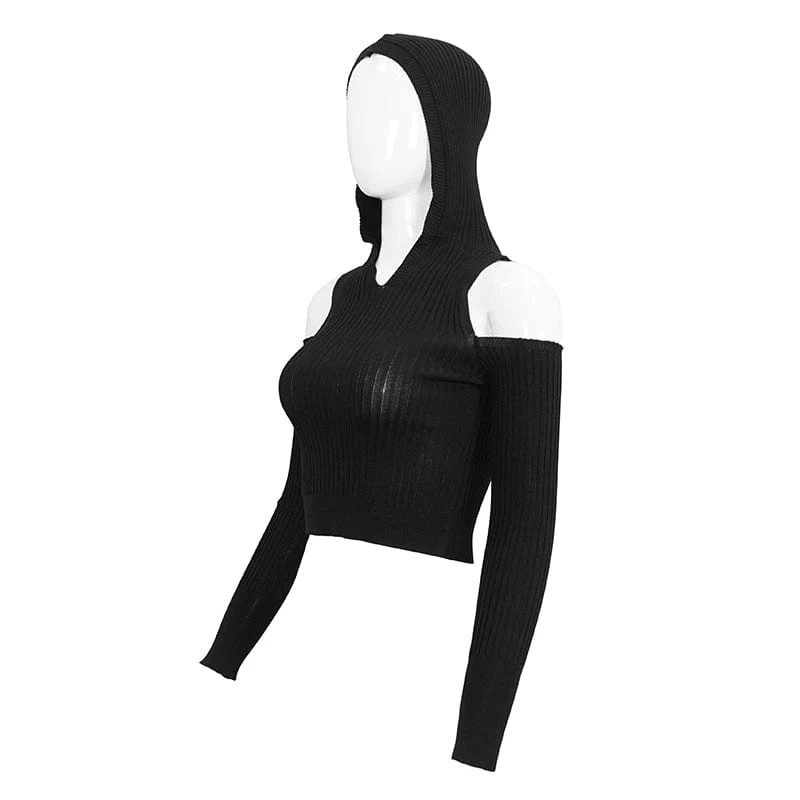 Damen Punk Off Shoulder Cutout Gestricktes Langärmliges Crop Top