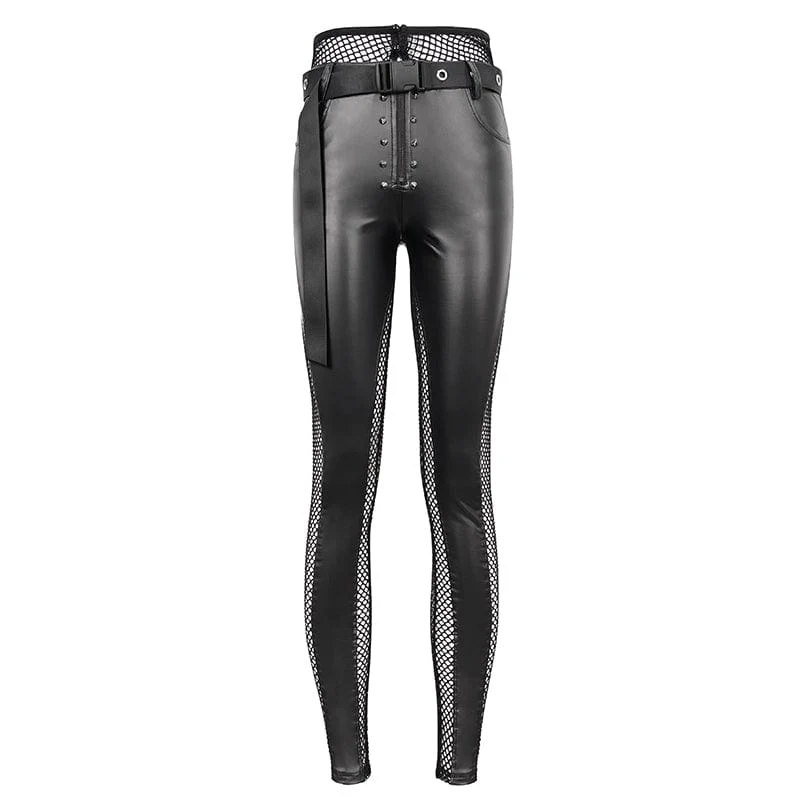 Damen Punk Mesh Splice Nieten Leggings mit Gürtel