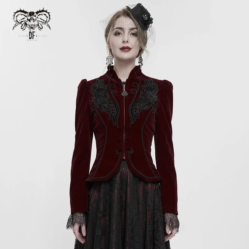 Damen Gothic Stehkragen Floral bestickte Jacke Rot