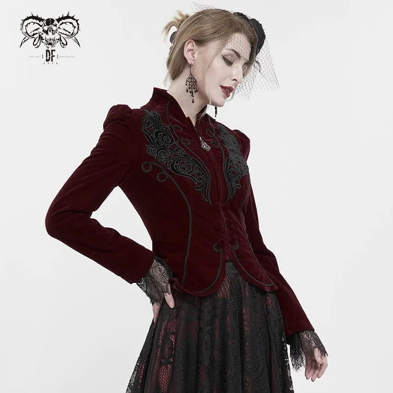Damen Gothic Stehkragen Floral bestickte Jacke Rot