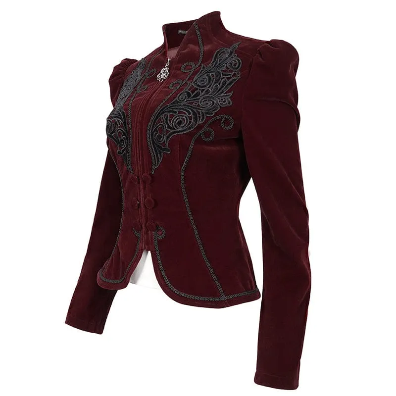 Damen Gothic Stehkragen Floral bestickte Jacke Rot