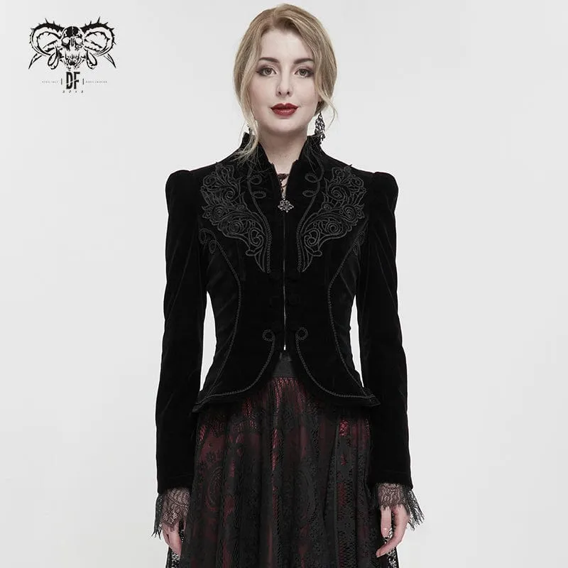 Gotische Damenjacke mit Blumenstickerei und Stehkragen