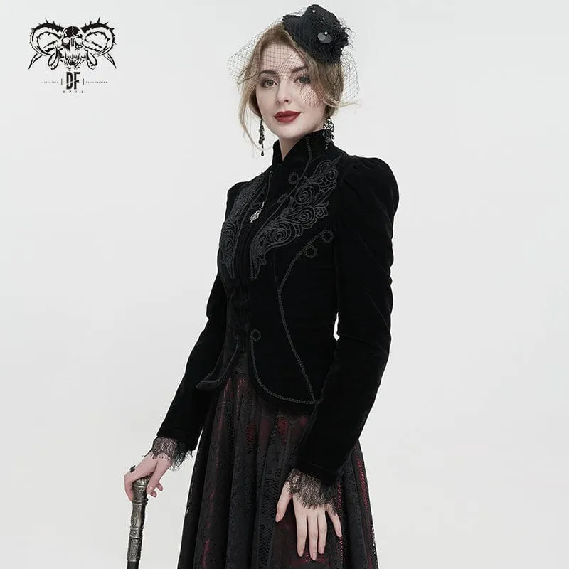 Gotische Damenjacke mit Blumenstickerei und Stehkragen