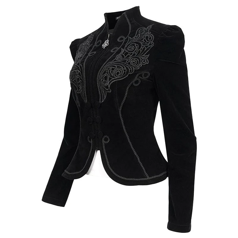 Gotische Damenjacke mit Blumenstickerei und Stehkragen