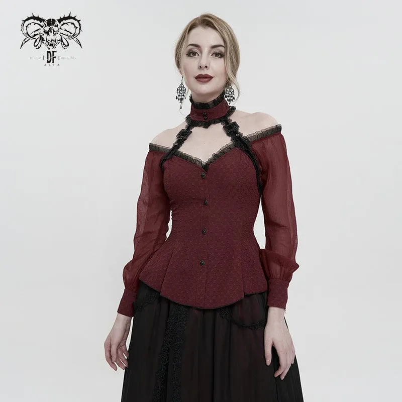 Damen Gothic Riemchen Off Shoulder Neckholder Shirt Rot
