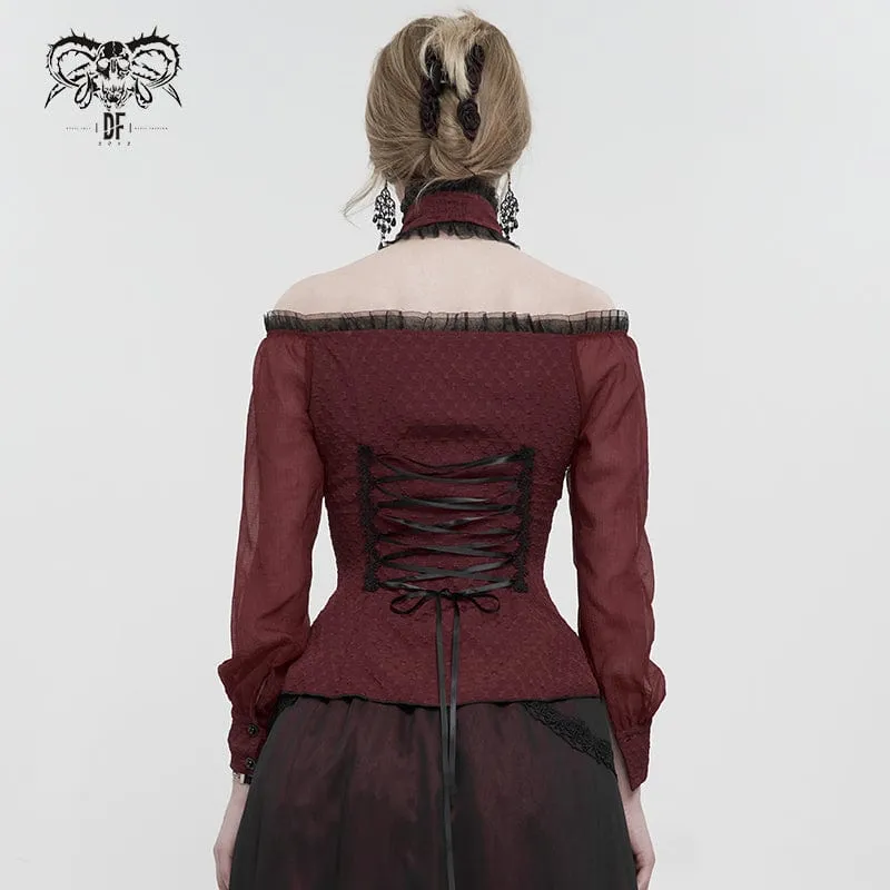 Damen Gothic Riemchen Off Shoulder Neckholder Shirt Rot