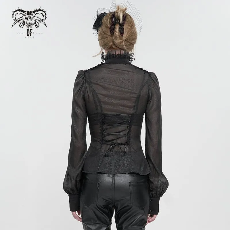 Gothic Riemchen Stehkragen Rüschenhemd für Damen