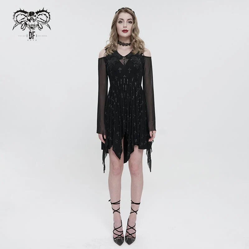 Gothic schulterfreies Kleid mit Kreuzdruck für Damen