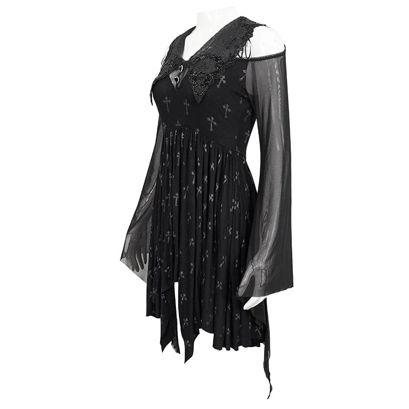 Gothic schulterfreies Kleid mit Kreuzdruck für Damen