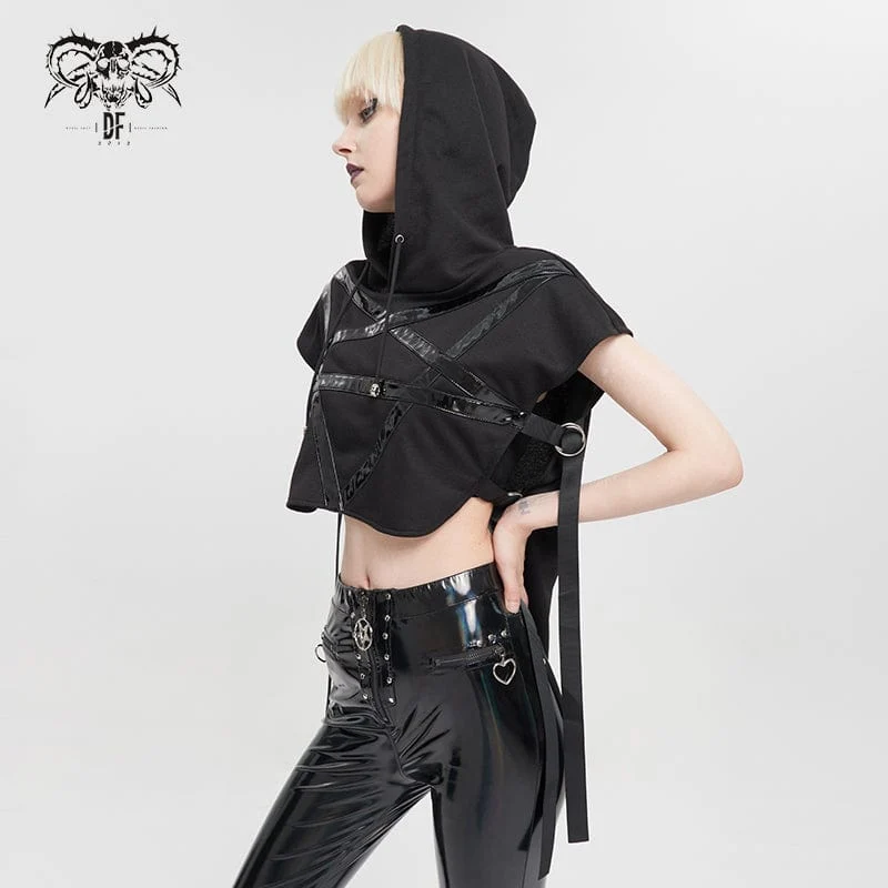 Damen Punk Strap Splice asymmetrisches kurzärmliges Crop Top