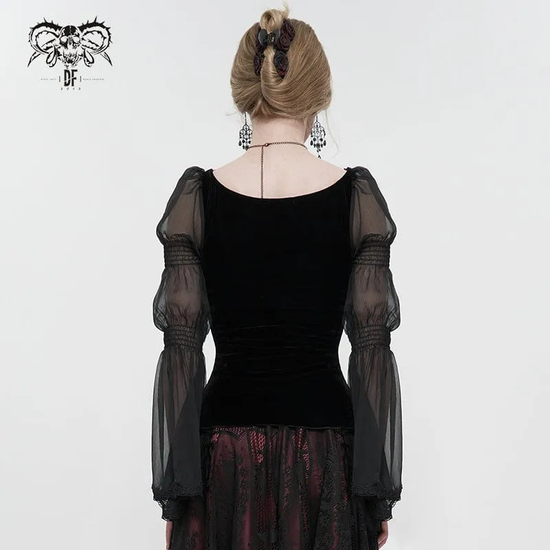 Gothic-Hemd mit ausgestellten Ärmeln und Blumenstickerei für Damen