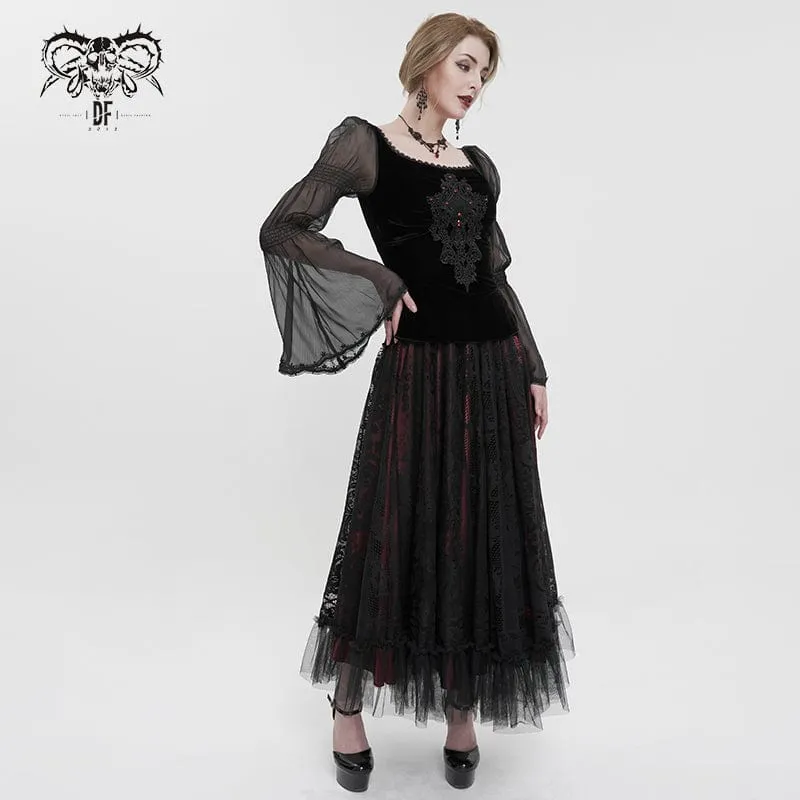 Gothic-Hemd mit ausgestellten Ärmeln und Blumenstickerei für Damen