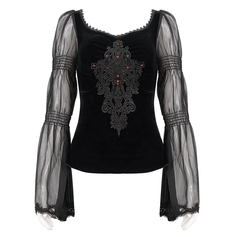 Gothic-Hemd mit ausgestellten Ärmeln und Blumenstickerei für Damen