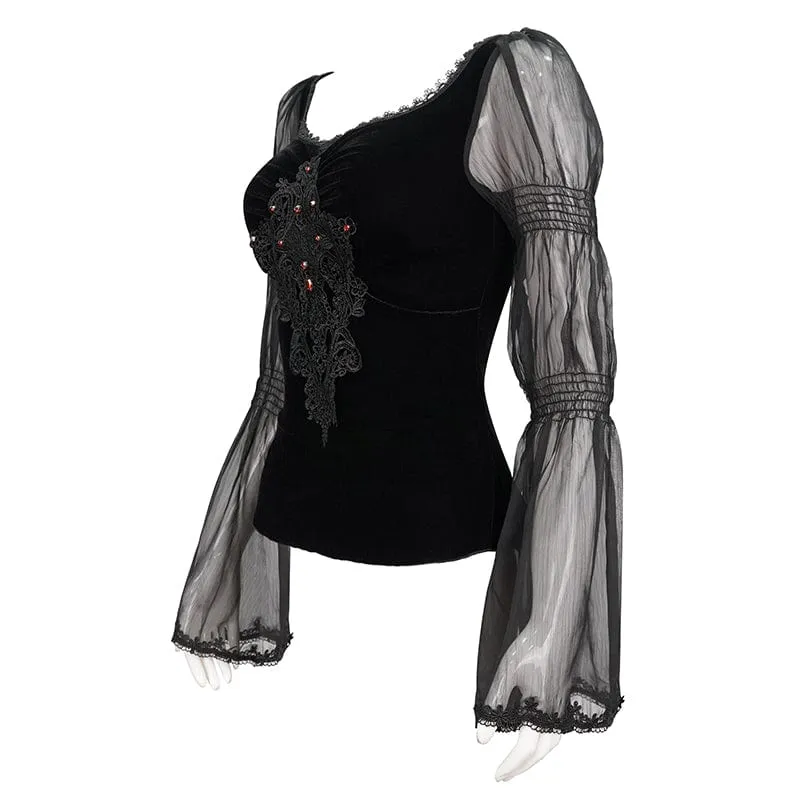 Gothic-Hemd mit ausgestellten Ärmeln und Blumenstickerei für Damen