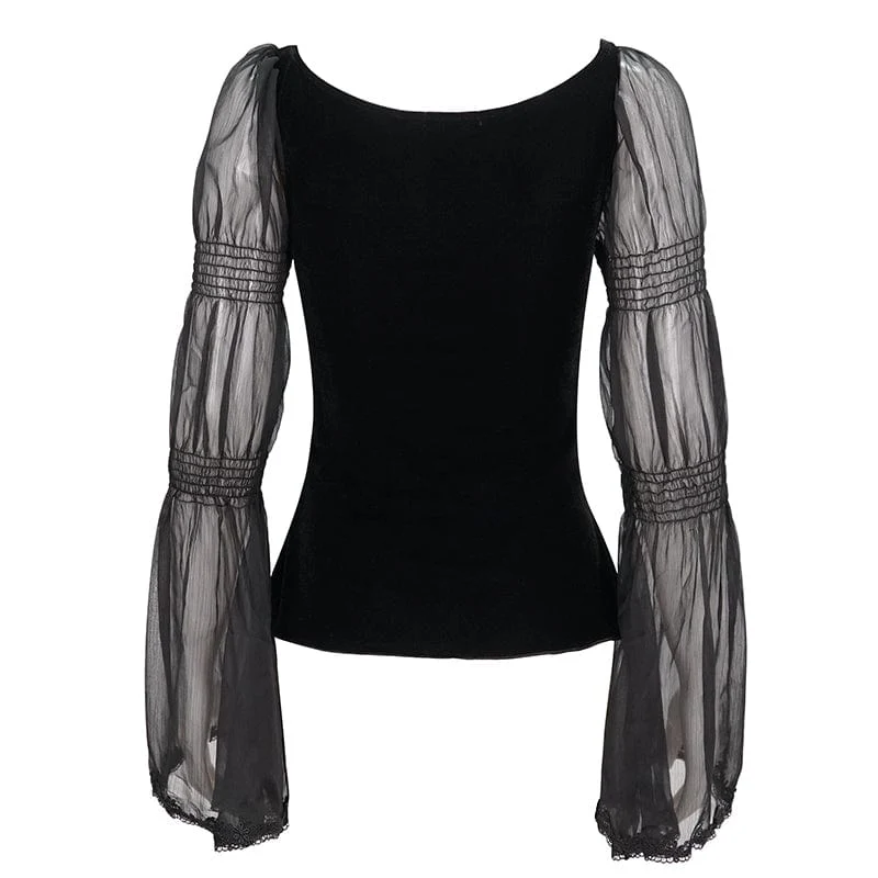 Gothic-Hemd mit ausgestellten Ärmeln und Blumenstickerei für Damen