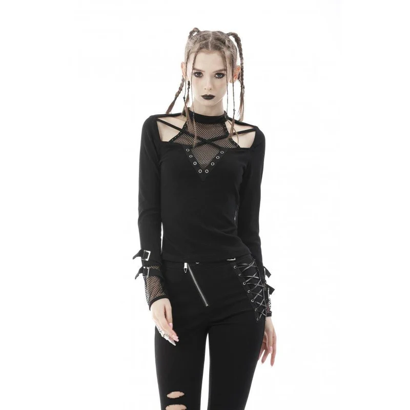 Damen Punk Cutout Mesh-T-Shirt mit Splice-Schnalle