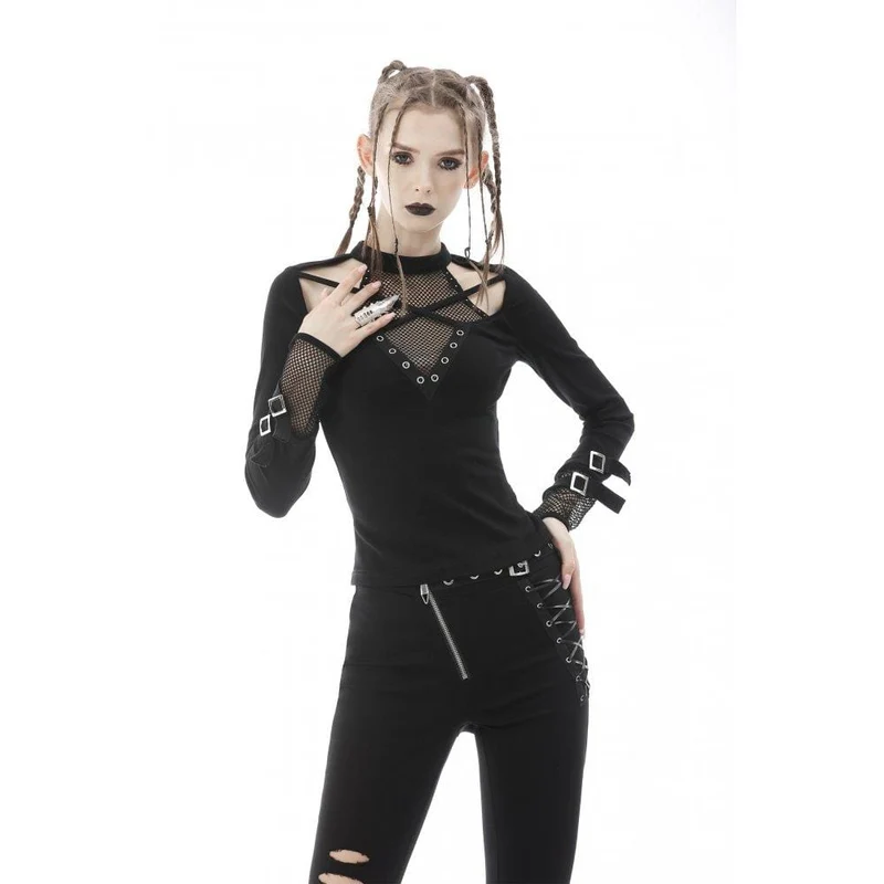 Damen Punk Cutout Mesh-T-Shirt mit Splice-Schnalle