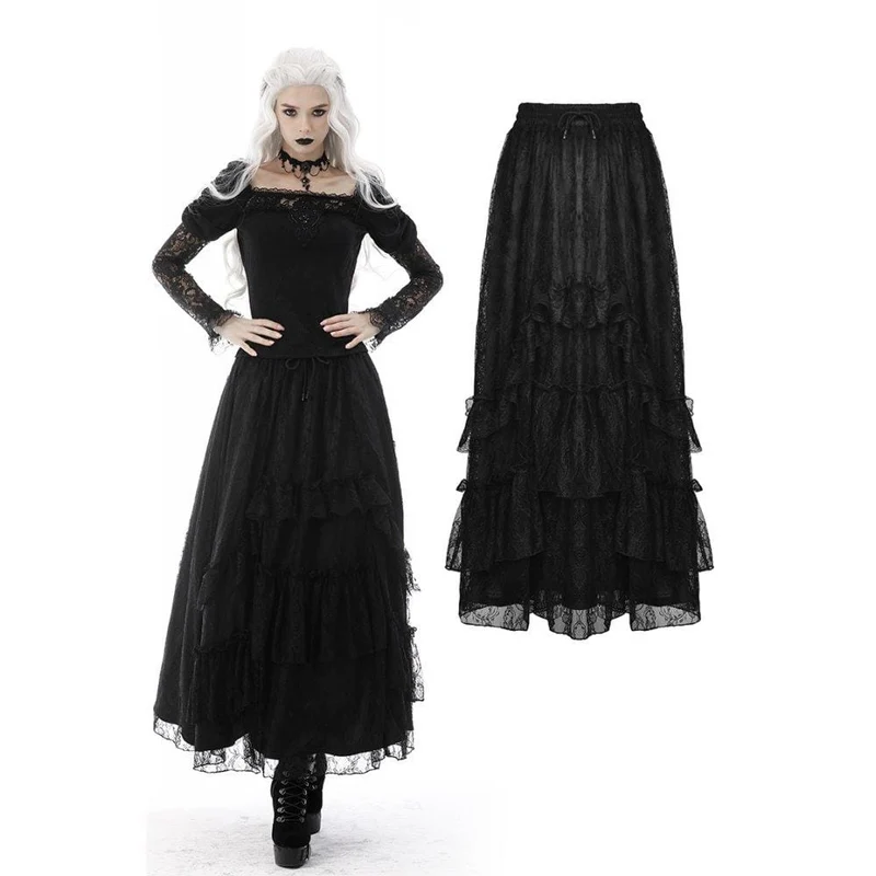 Gothic gerüschter, geschichteter langer Spitzenrock für Damen