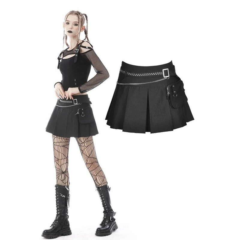 Damen Punk Plissierter Rock mit großen Taschen und Gürtel