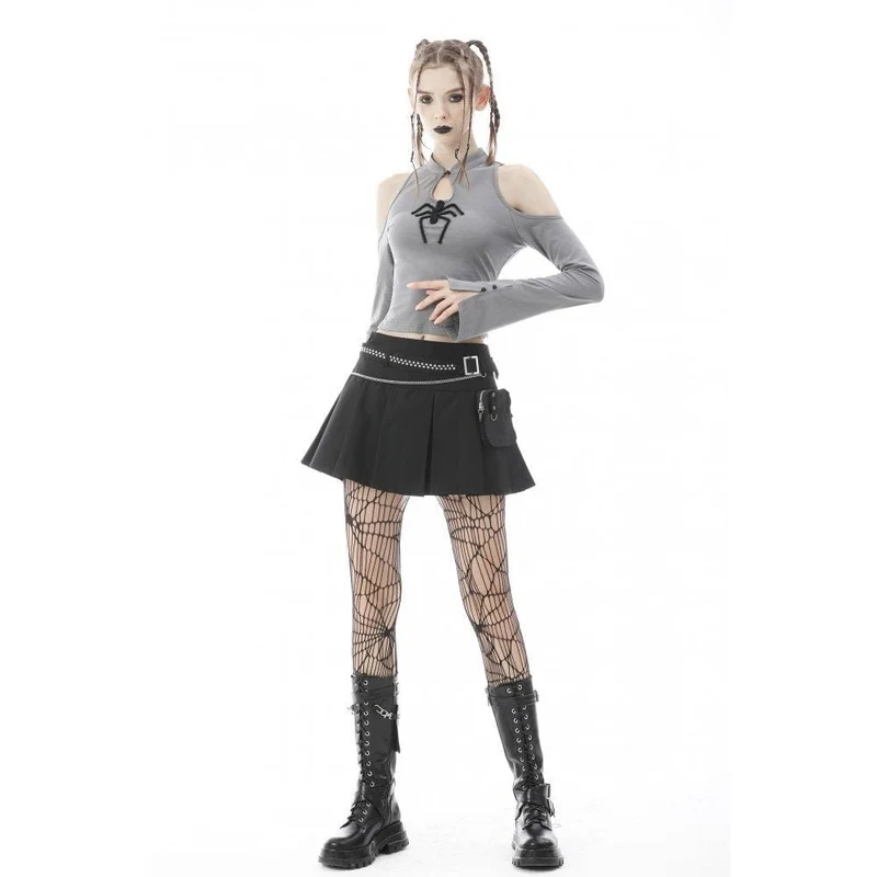 Damen Punk Plissierter Rock mit großen Taschen und Gürtel