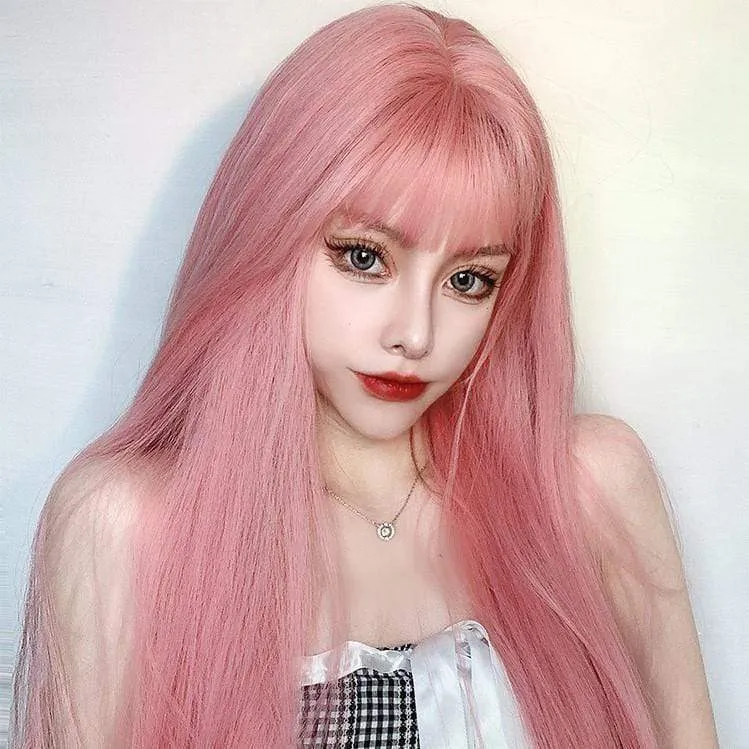 Natürliche glatte lange rosa Synthetikhaarperücke für Damen