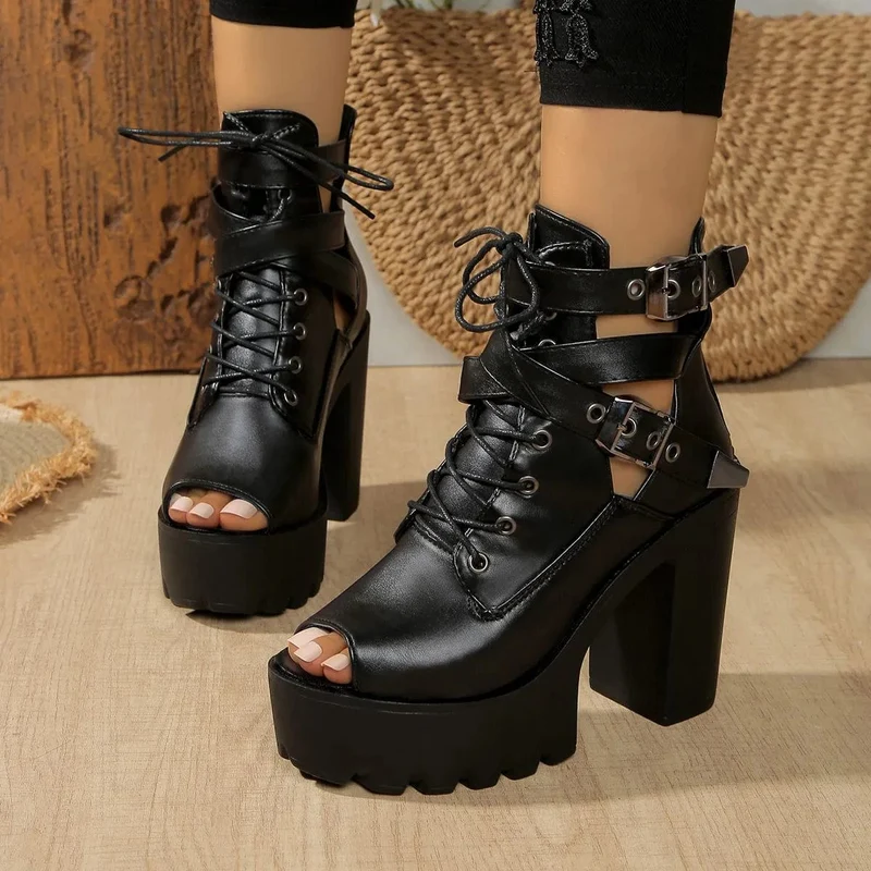 Gothic Punk Peeptoe-Stiefel mit Schnürung für Damen