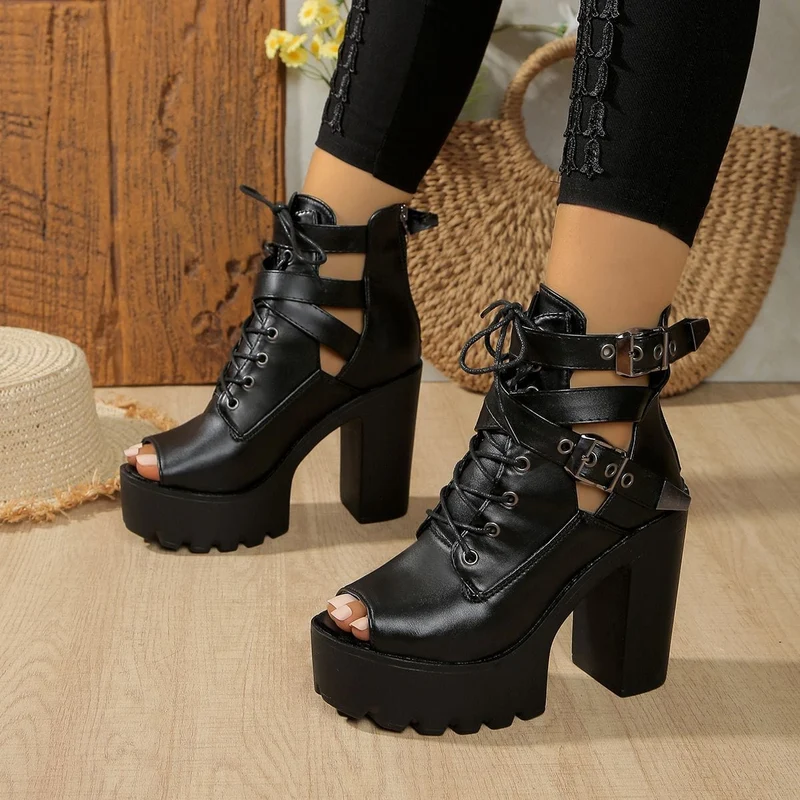 Gothic Punk Peeptoe-Stiefel mit Schnürung für Damen