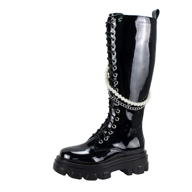 Damen Gothic Punk Oberschenkelhohe Stiefel mit Perlenkette