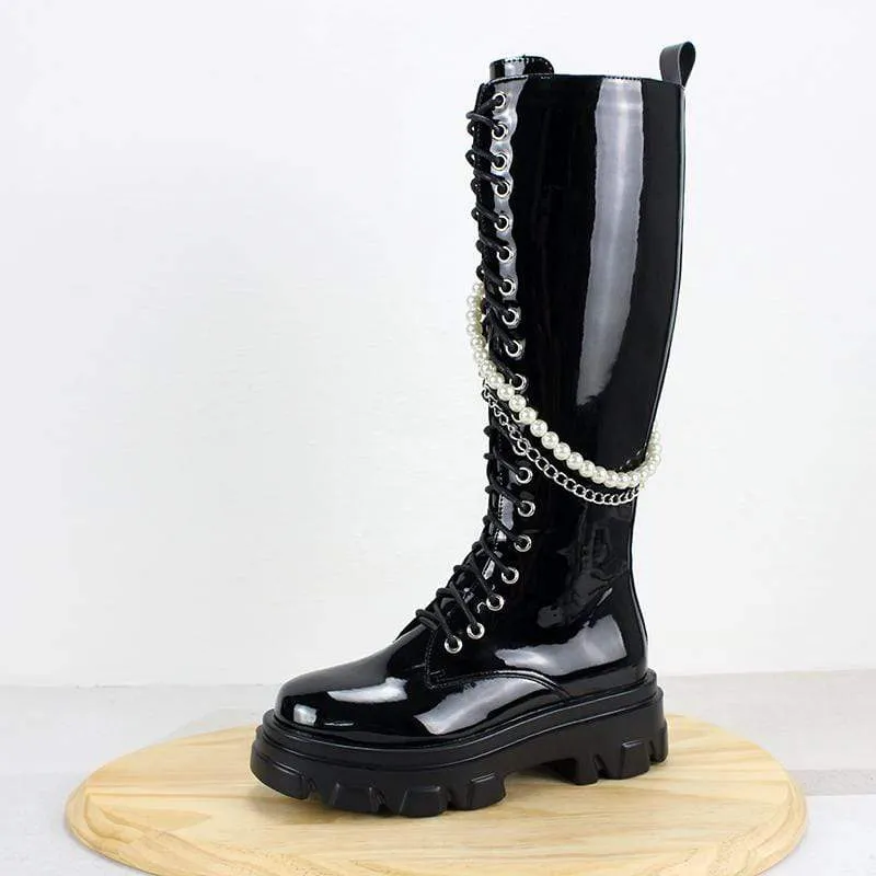 Damen Gothic Punk Oberschenkelhohe Stiefel mit Perlenkette