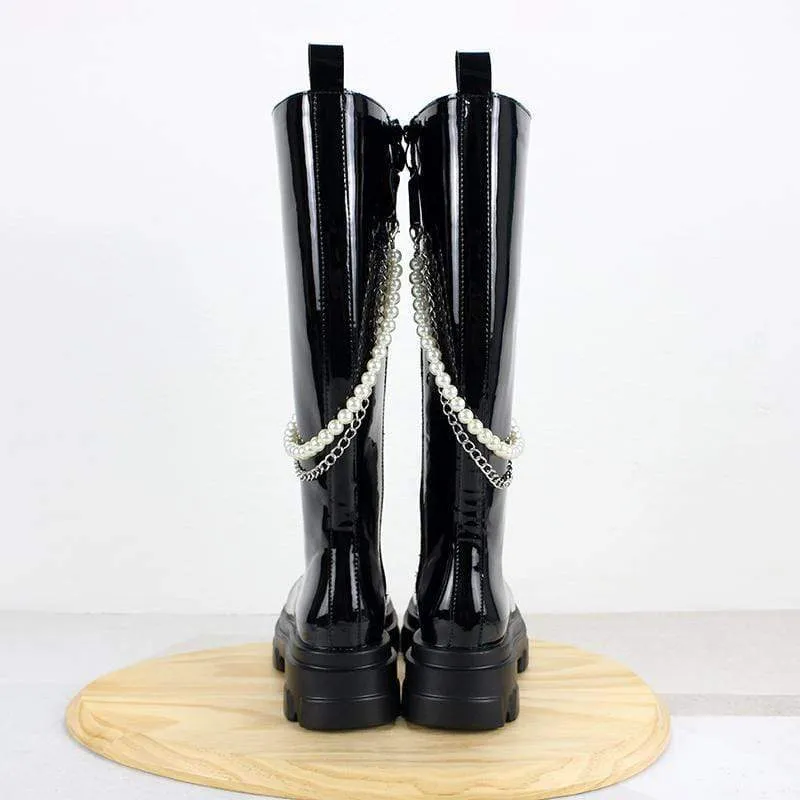 Damen Gothic Punk Oberschenkelhohe Stiefel mit Perlenkette