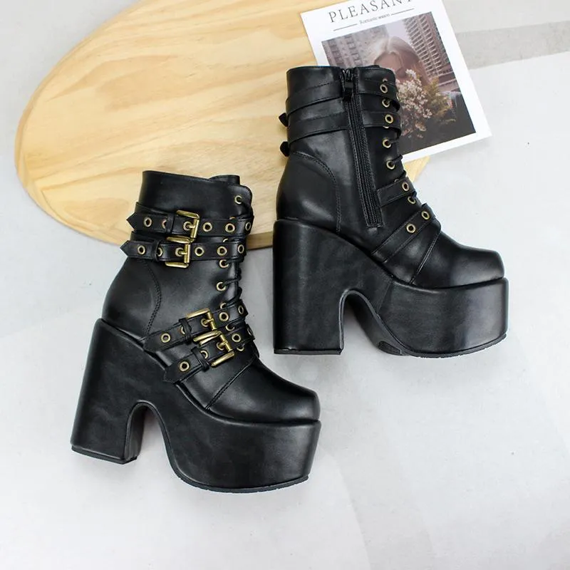 Damen Gothic Punk Schnallen Schnürstiefel mit klobigem Absatz