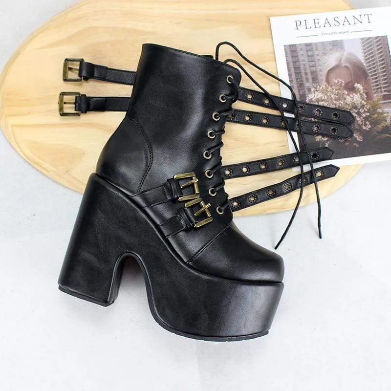 Damen Gothic Punk Schnallen Schnürstiefel mit klobigem Absatz