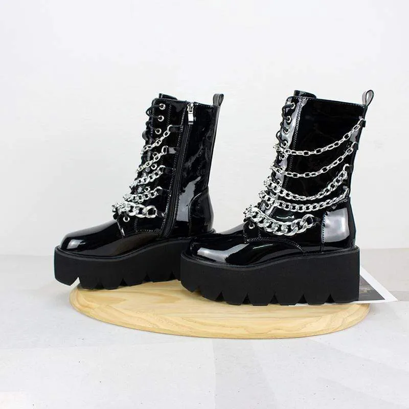 Gothic Punk Lacklederstiefel für Damen mit Kette