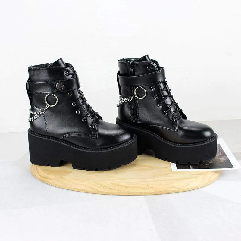 Damen Gothic Punk Plateaustiefel zum Schnüren mit Kette
