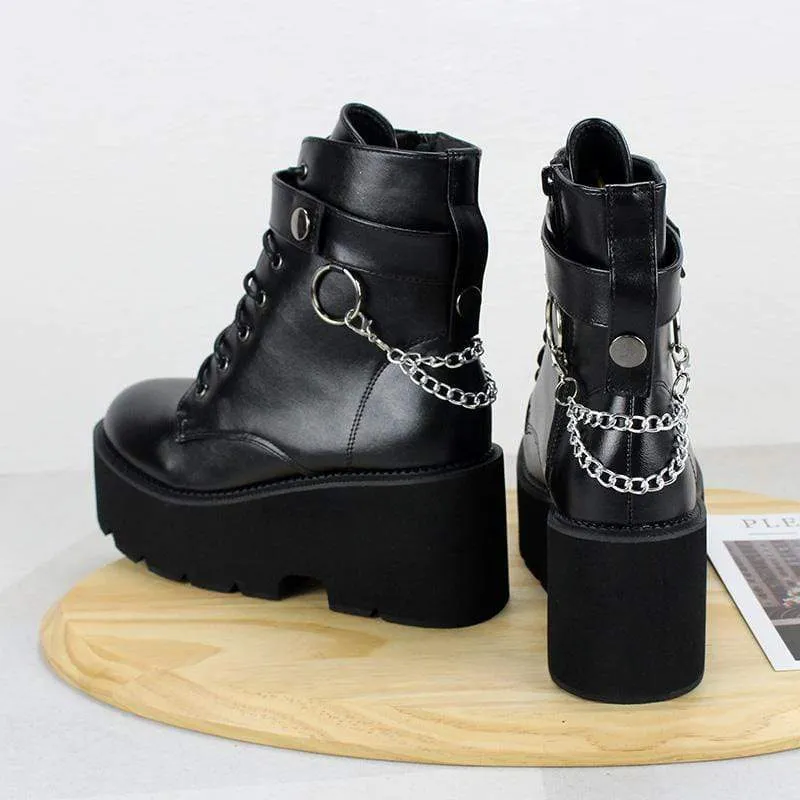 Damen Gothic Punk Plateaustiefel zum Schnüren mit Kette