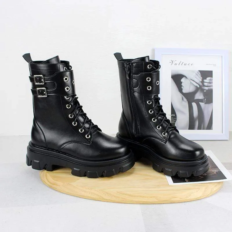 Damen Gothic Punk Zipper Schnallen Buskin Boots