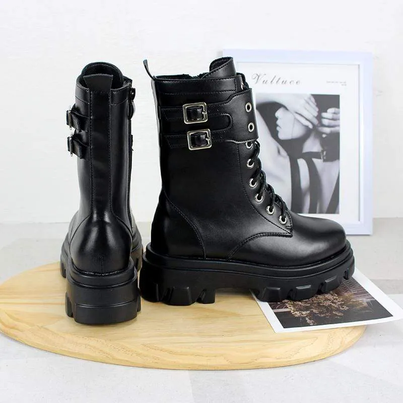 Damen Gothic Punk Zipper Schnallen Buskin Boots